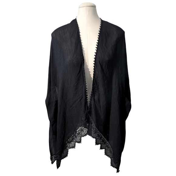 Nordstrom Treasure & Bond Lace Trim Ruana Open Front Wrap Kimono Coverup Black - Picture 3 of 9